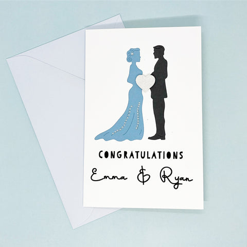 Personalised Wedding Congratulations Card Bride & Groom Cornflower Blue & Grey The Paper Angel