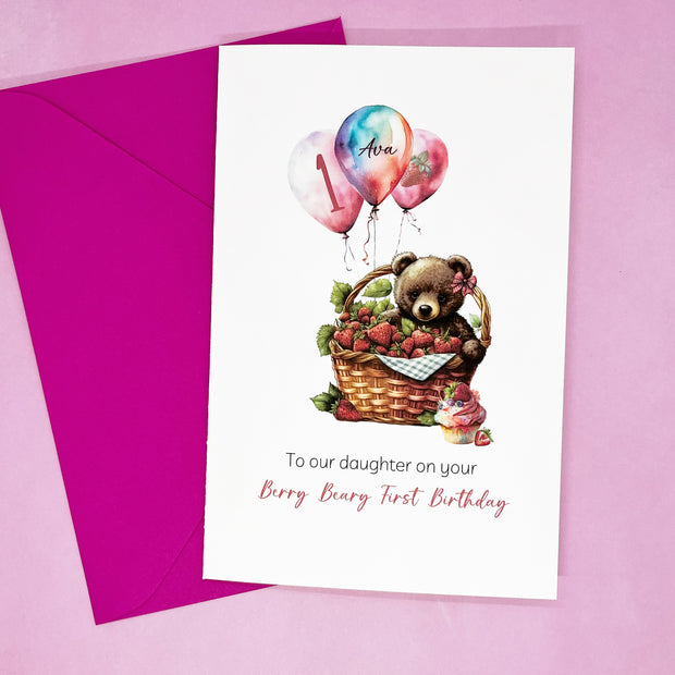 Berry First Birthday Card Personalised for Baby Daughter The Paper Angel