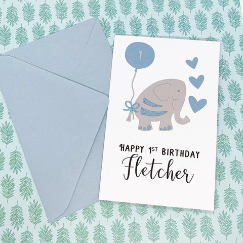 Elephant 1st Birthday Card for Baby Boy Personalised The Paper Angel