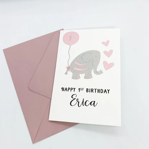 Elephant 1st Birthday Card for Baby Girl Handmade The Paper Angel